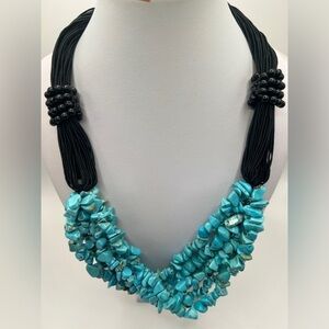 Vintage Faux Turquoise chunks 6 Strand Choker Necklace Robins Egg Blue and Black